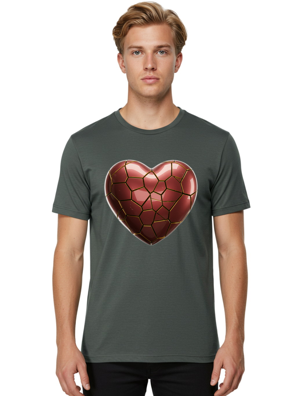 Cracked-Heart Men'S Graphic Tee, 100% Cotton, Comfortable Casual Summer Wear, Machine Washable, Mosaic Heart, Red Heart, Geometric Pattern, Cracked Heart, Love Symbol, Broken Heart, Heart Art, Valentines Day, Mosaic Art, Red Mosaic, Bae016