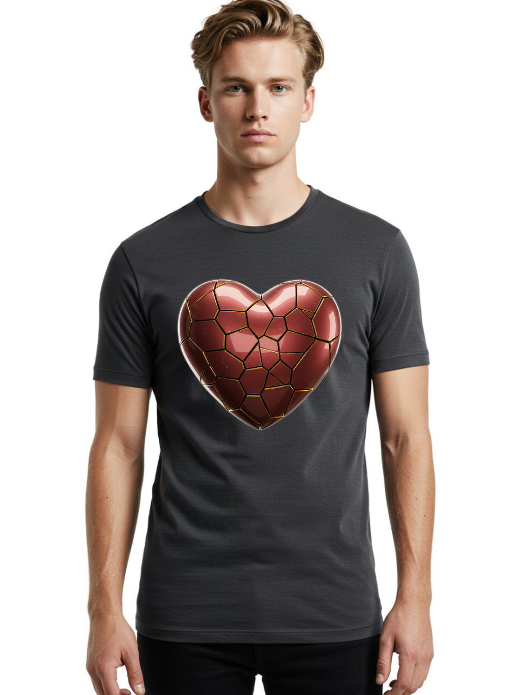 Cracked-Heart Men'S Graphic Tee, 100% Cotton, Comfortable Casual Summer Wear, Machine Washable, Mosaic Heart, Red Heart, Geometric Pattern, Cracked Heart, Love Symbol, Broken Heart, Heart Art, Valentines Day, Mosaic Art, Red Mosaic, Bae016