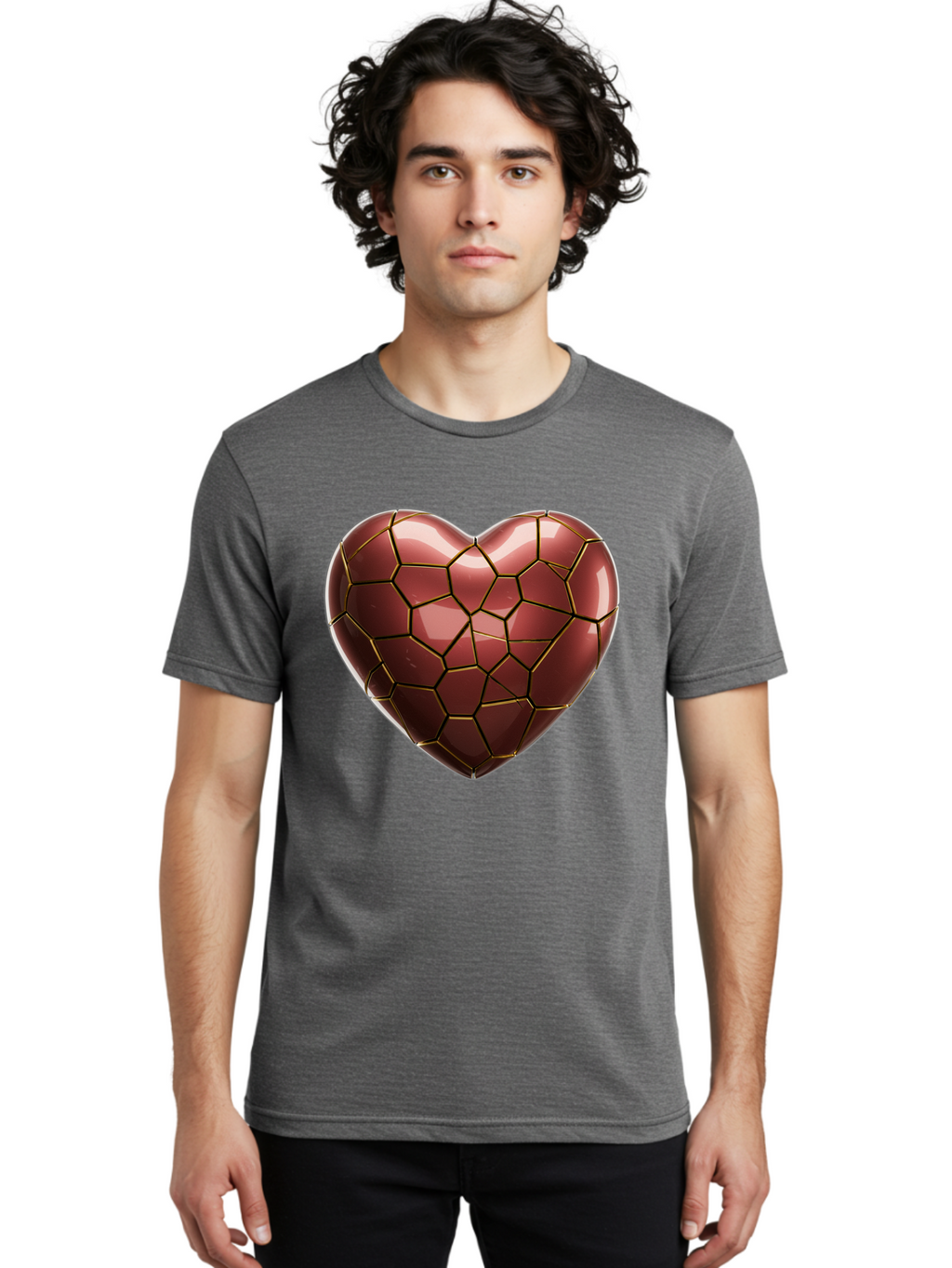 Cracked-Heart Men'S Graphic Tee, 100% Cotton, Comfortable Casual Summer Wear, Machine Washable, Mosaic Heart, Red Heart, Geometric Pattern, Cracked Heart, Love Symbol, Broken Heart, Heart Art, Valentines Day, Mosaic Art, Red Mosaic, Bae016