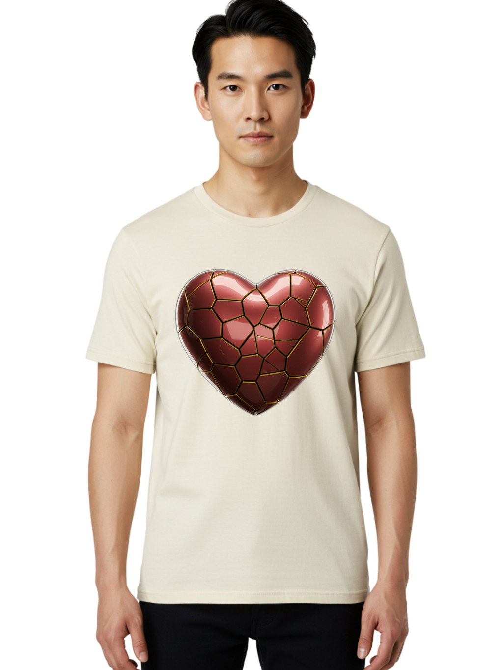 Cracked-Heart Men'S Graphic Tee, 100% Cotton, Comfortable Casual Summer Wear, Machine Washable, Mosaic Heart, Red Heart, Geometric Pattern, Cracked Heart, Love Symbol, Broken Heart, Heart Art, Valentines Day, Mosaic Art, Red Mosaic, Bae016
