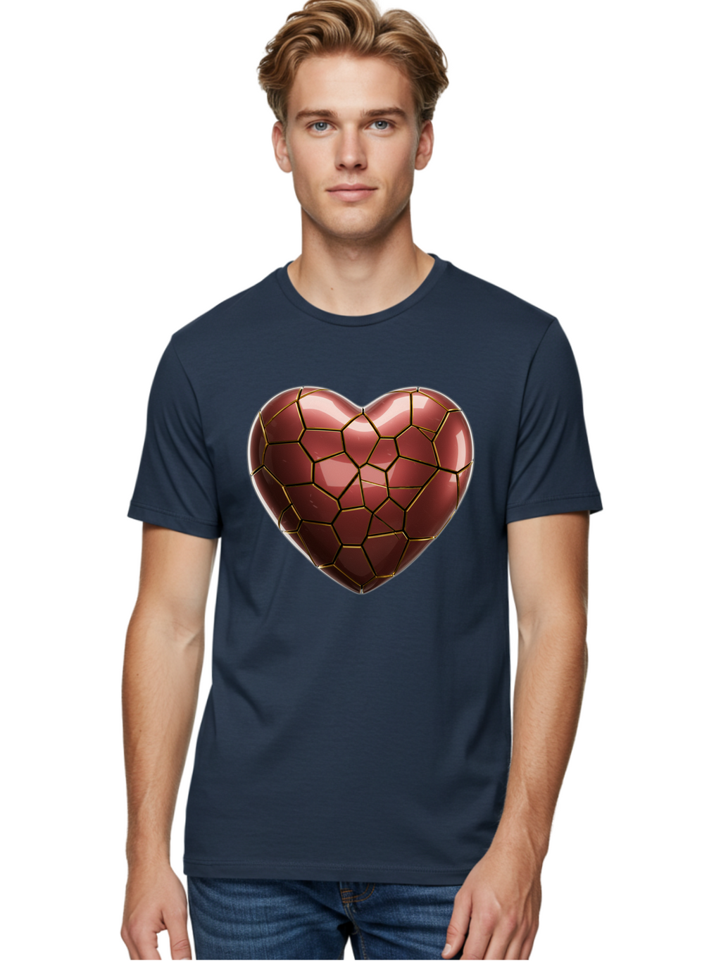 Cracked-Heart Men'S Graphic Tee, 100% Cotton, Comfortable Casual Summer Wear, Machine Washable, Mosaic Heart, Red Heart, Geometric Pattern, Cracked Heart, Love Symbol, Broken Heart, Heart Art, Valentines Day, Mosaic Art, Red Mosaic, Bae016
