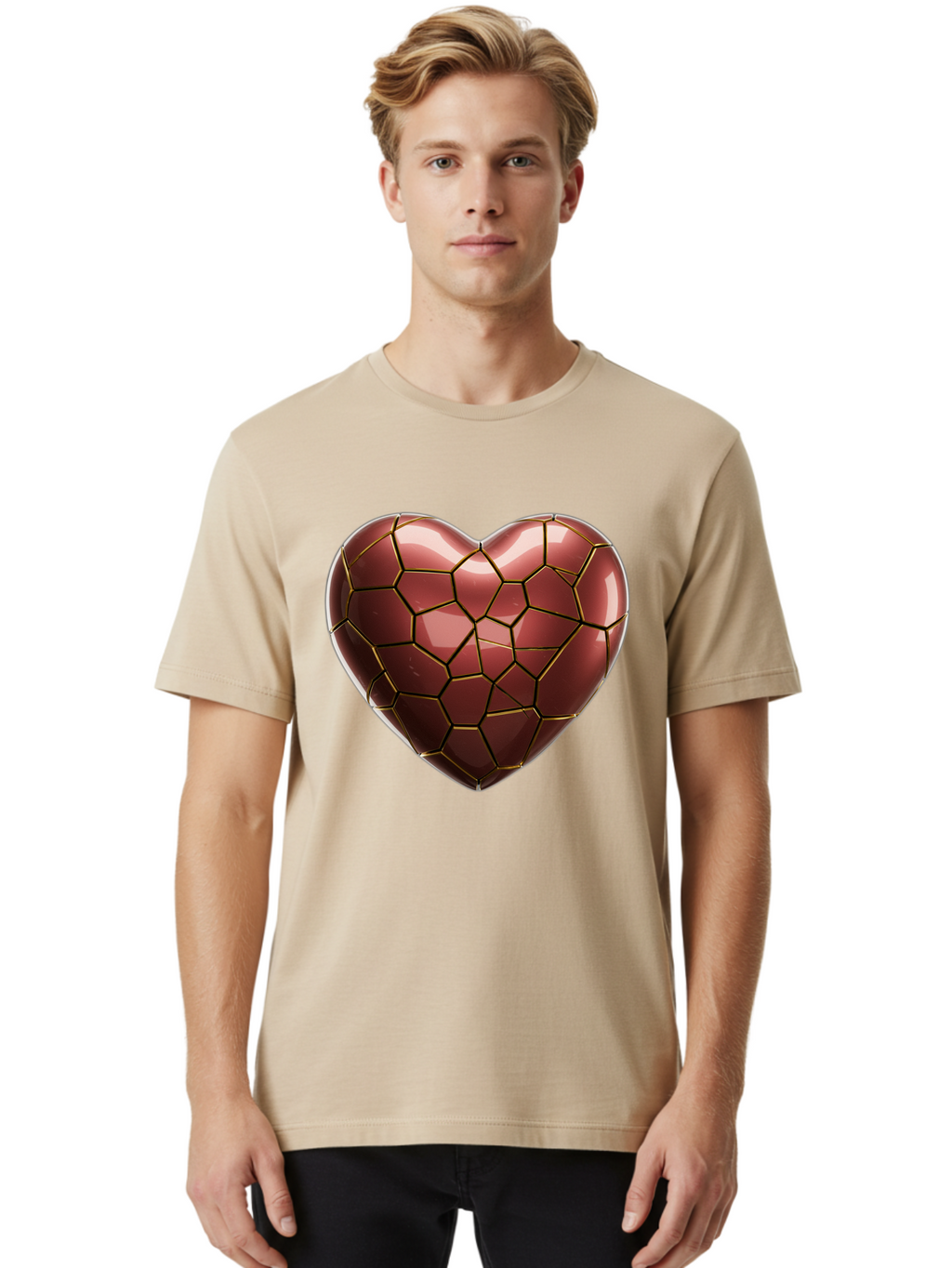 Cracked-Heart Men'S Graphic Tee, 100% Cotton, Comfortable Casual Summer Wear, Machine Washable, Mosaic Heart, Red Heart, Geometric Pattern, Cracked Heart, Love Symbol, Broken Heart, Heart Art, Valentines Day, Mosaic Art, Red Mosaic, Bae016