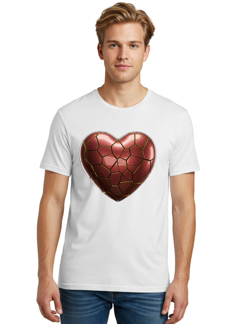 Cracked-Heart Men'S Graphic Tee, 100% Cotton, Comfortable Casual Summer Wear, Machine Washable, Mosaic Heart, Red Heart, Geometric Pattern, Cracked Heart, Love Symbol, Broken Heart, Heart Art, Valentines Day, Mosaic Art, Red Mosaic, Bae016