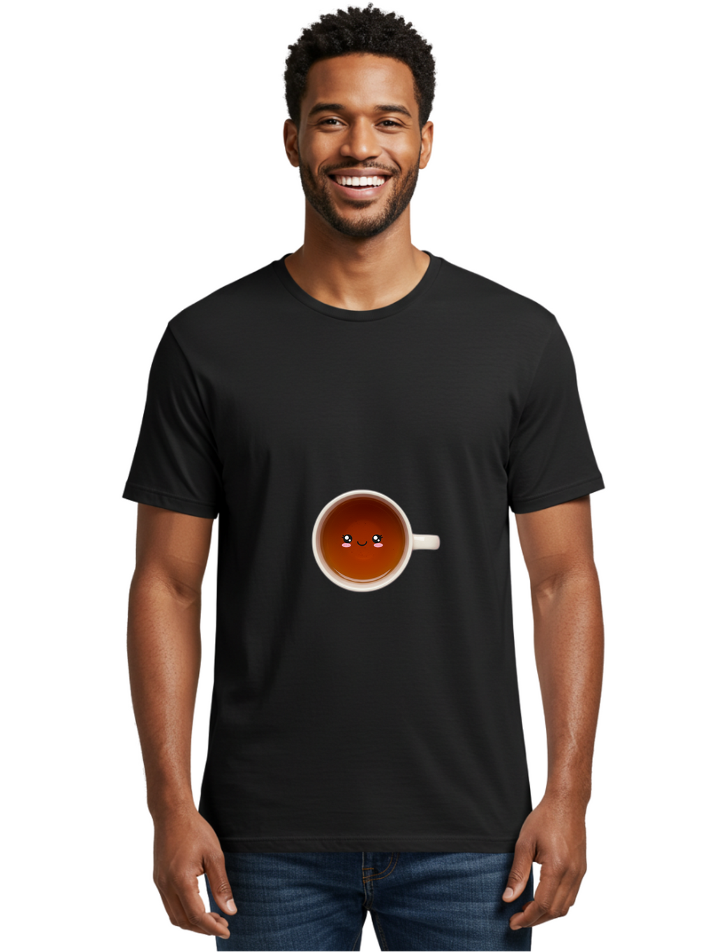 Cup-Of-Tea Men'S Graphic Tee, 100% Cotton, Comfortable Casual Summer Wear, Machine Washable, Cup Of Tea, Smiling Face, Cute Cartoon Character, Adorable Beverage, Relaxing Drink, Soothing Tea, Charming Mug, Kawaii Art Bae018
