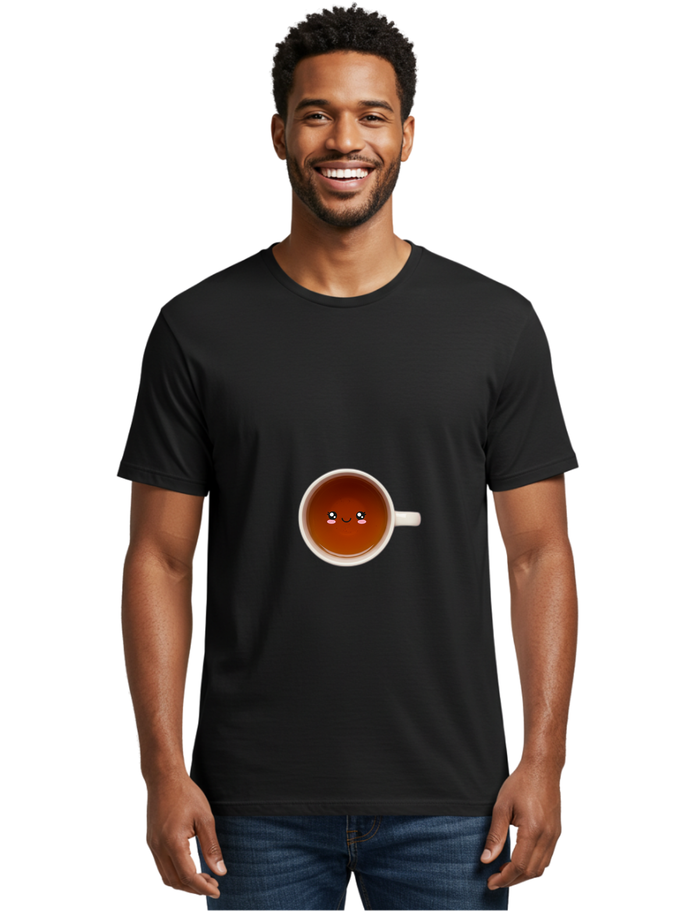 Cup-Of-Tea Men'S Graphic Tee, 100% Cotton, Comfortable Casual Summer Wear, Machine Washable, Cup Of Tea, Smiling Face, Cute Cartoon Character, Adorable Beverage, Relaxing Drink, Soothing Tea, Charming Mug, Kawaii Art Bae018