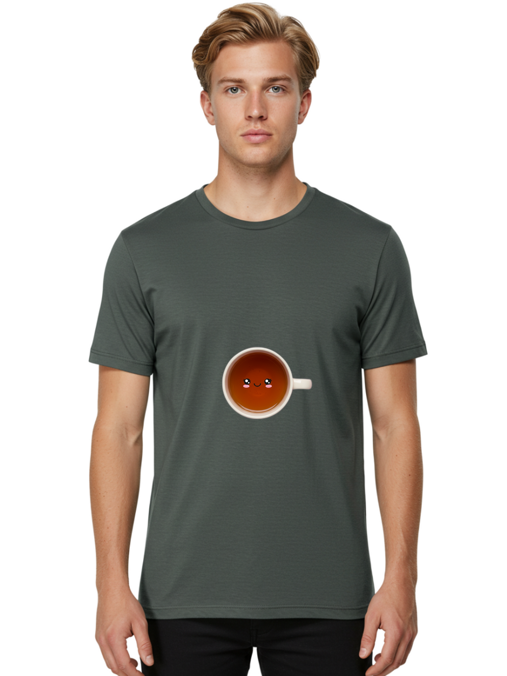 Cup-Of-Tea Men'S Graphic Tee, 100% Cotton, Comfortable Casual Summer Wear, Machine Washable, Cup Of Tea, Smiling Face, Cute Cartoon Character, Adorable Beverage, Relaxing Drink, Soothing Tea, Charming Mug, Kawaii Art Bae018