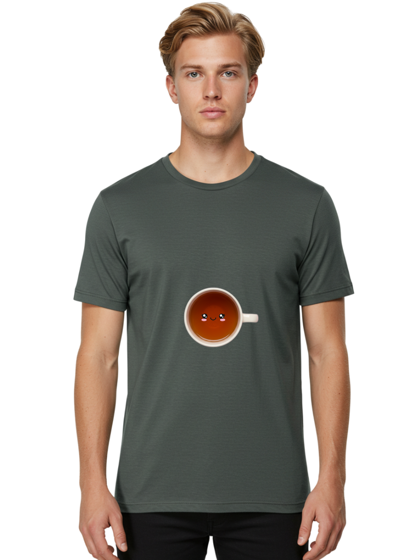 Cup-Of-Tea Men'S Graphic Tee, 100% Cotton, Comfortable Casual Summer Wear, Machine Washable, Cup Of Tea, Smiling Face, Cute Cartoon Character, Adorable Beverage, Relaxing Drink, Soothing Tea, Charming Mug, Kawaii Art Bae018