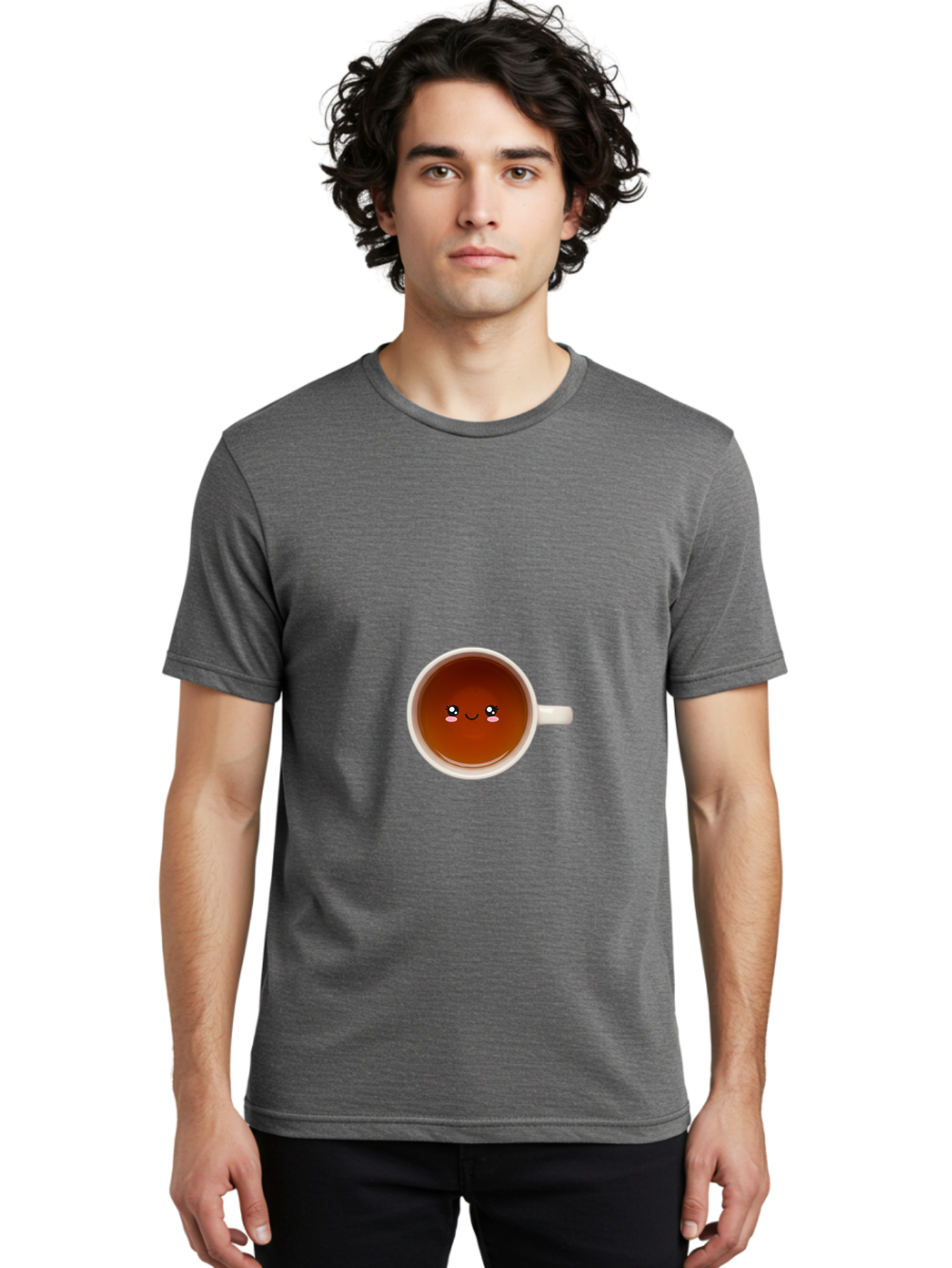 Cup-Of-Tea Men'S Graphic Tee, 100% Cotton, Comfortable Casual Summer Wear, Machine Washable, Cup Of Tea, Smiling Face, Cute Cartoon Character, Adorable Beverage, Relaxing Drink, Soothing Tea, Charming Mug, Kawaii Art Bae018