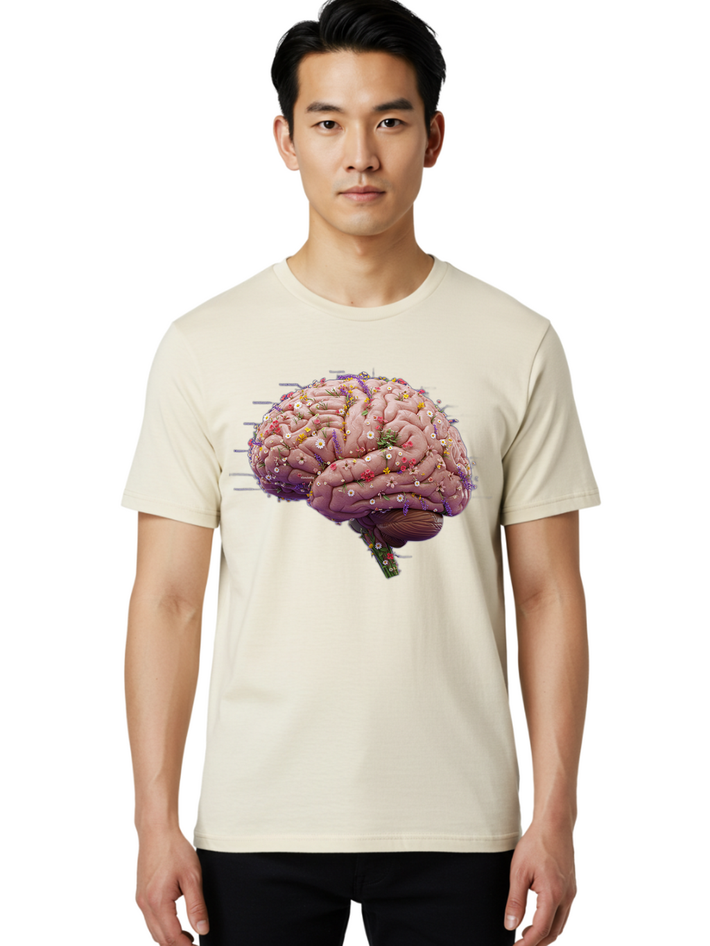 Floral-Brain-1 Men'S Graphic Tee, 100% Cotton, Comfortable Casual Summer Wear, Machine Washable, Human Brain, Flowers, Creativity, Inspiration, Imagination, Colorful, Vibrant, Brain Function, Neuroscience, Mental Health, Wellness Bae019
