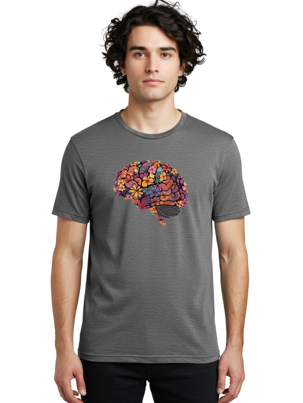 Floral-Brain Men'S Graphic Tee, 100% Cotton, Comfortable Casual Summer Wear, Machine Washable, Human Brain, Floral Patterns, Colorful Illustration, Creative Art, Mental Health Awareness, Brain Illustration, Vibrant Flowers, Abstract Design, Bae020