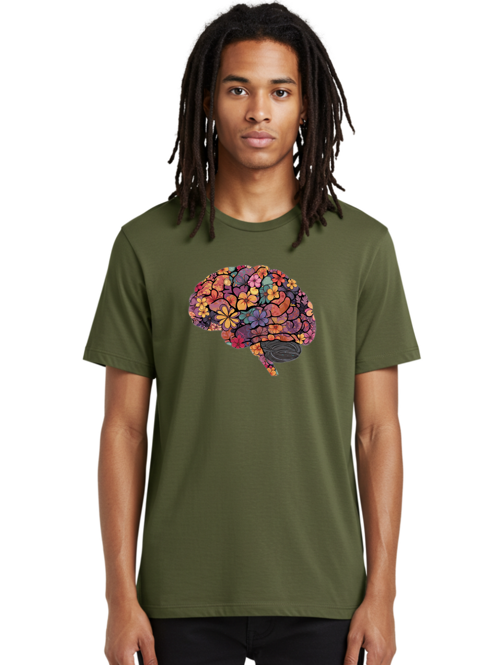 Floral-Brain Men'S Graphic Tee, 100% Cotton, Comfortable Casual Summer Wear, Machine Washable, Human Brain, Floral Patterns, Colorful Illustration, Creative Art, Mental Health Awareness, Brain Illustration, Vibrant Flowers, Abstract Design, Bae020