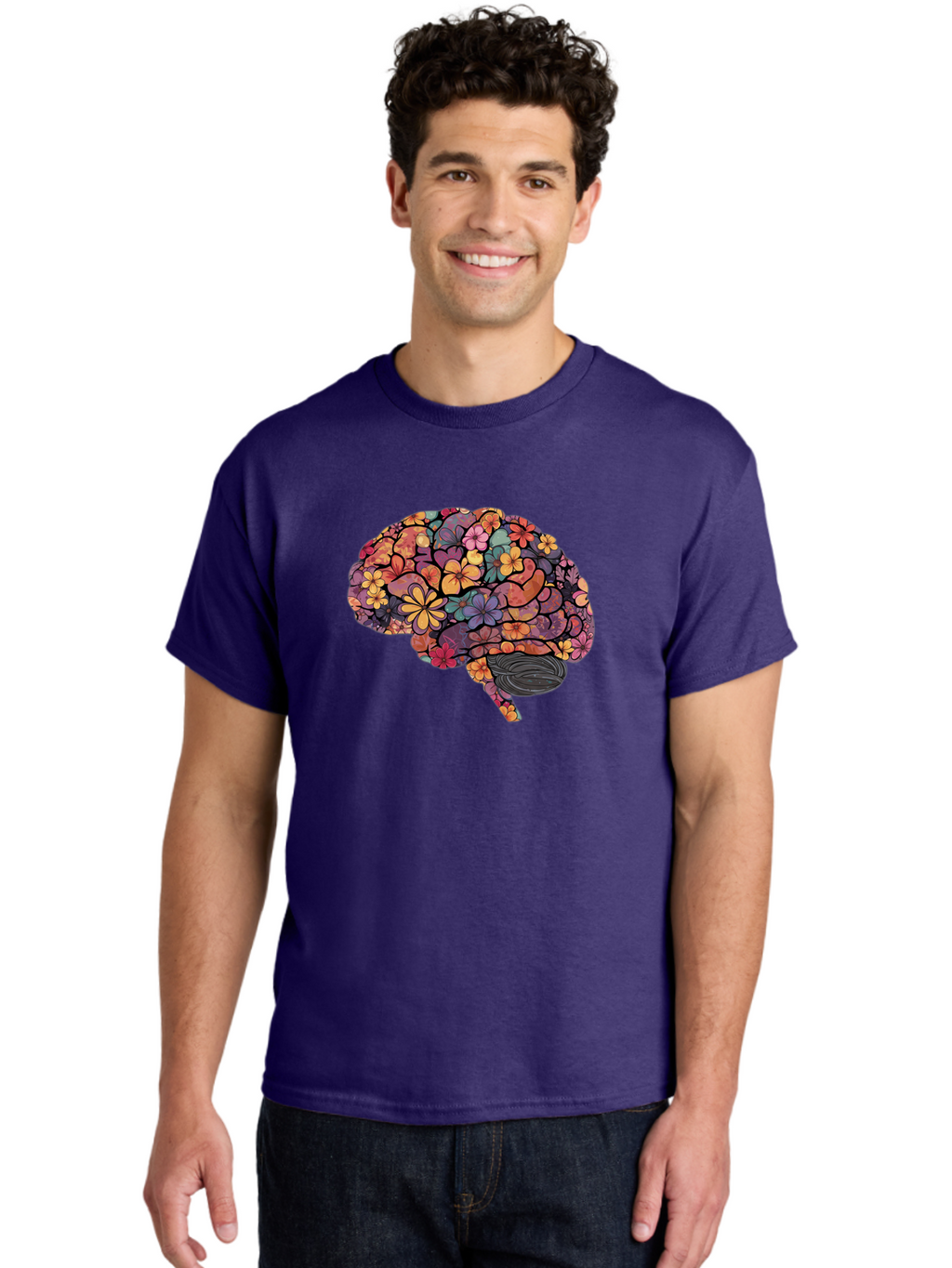 Floral-Brain Men'S Graphic Tee, 100% Cotton, Comfortable Casual Summer Wear, Machine Washable, Human Brain, Floral Patterns, Colorful Illustration, Creative Art, Mental Health Awareness, Brain Illustration, Vibrant Flowers, Abstract Design, Bae020