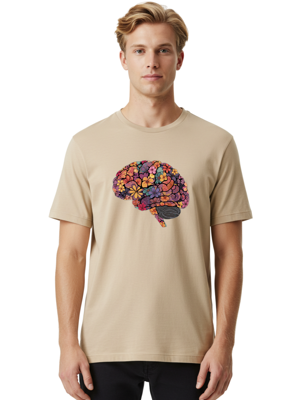 Floral-Brain Men'S Graphic Tee, 100% Cotton, Comfortable Casual Summer Wear, Machine Washable, Human Brain, Floral Patterns, Colorful Illustration, Creative Art, Mental Health Awareness, Brain Illustration, Vibrant Flowers, Abstract Design, Bae020