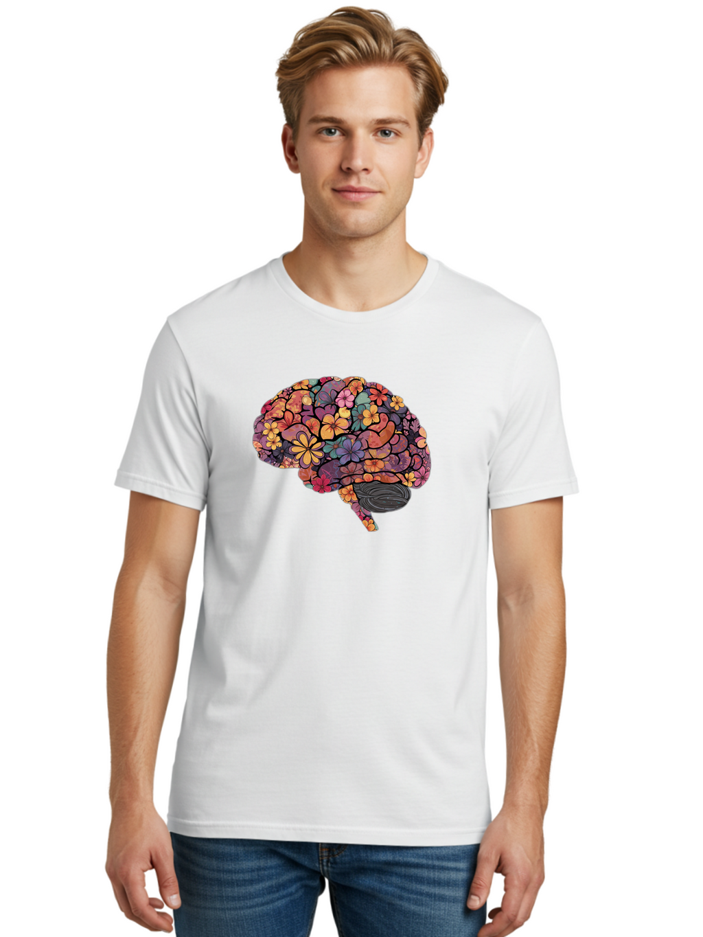 Floral-Brain Men'S Graphic Tee, 100% Cotton, Comfortable Casual Summer Wear, Machine Washable, Human Brain, Floral Patterns, Colorful Illustration, Creative Art, Mental Health Awareness, Brain Illustration, Vibrant Flowers, Abstract Design, Bae020