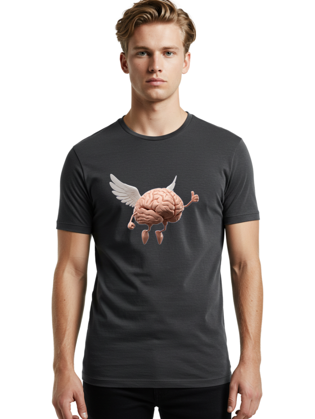 Flying-Brain Men'S Graphic Tee, 100% Cotton, Comfortable Casual Summer Wear, Machine Washable, Human Brain With Wings, Anthropomorphic Brain, Thumbs Up Gesture, Digital Art, Cartoon Style, Creative Illustration, Winged Brain, Brain With Horns Bae021