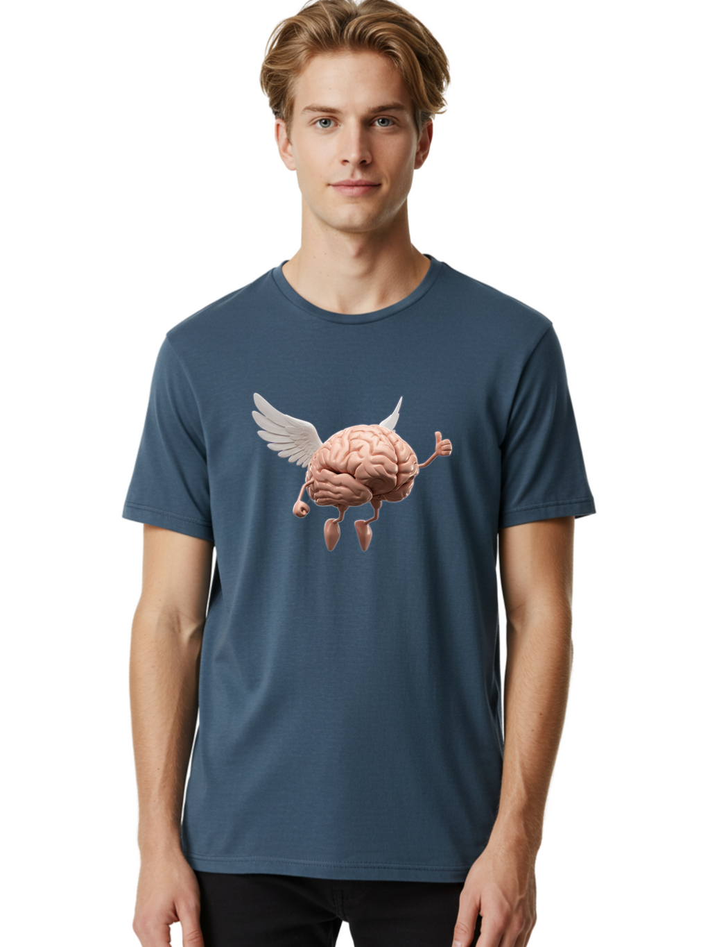 Flying-Brain Men'S Graphic Tee, 100% Cotton, Comfortable Casual Summer Wear, Machine Washable, Human Brain With Wings, Anthropomorphic Brain, Thumbs Up Gesture, Digital Art, Cartoon Style, Creative Illustration, Winged Brain, Brain With Horns Bae021
