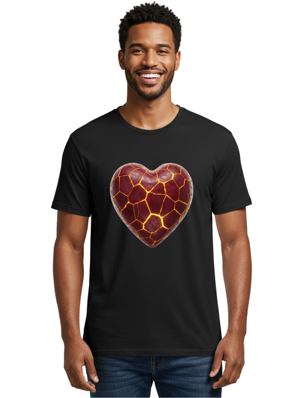 Glowing-Heart-Mosaic Men'S Graphic Tee, 100% Cotton, Comfortable Casual Summer Wear, Machine Washable, Heart Shape, Cracked Surface, Golden Veins, Love Symbol, Abstract Design, Fractured Heart, Emotional Representation, Unique Texture, Bae022
