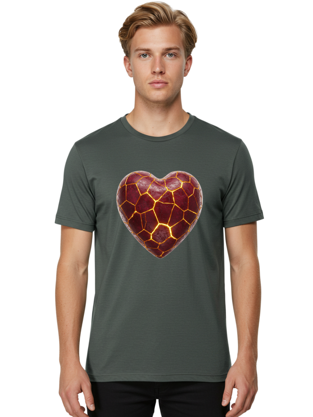 Glowing-Heart-Mosaic Men'S Graphic Tee, 100% Cotton, Comfortable Casual Summer Wear, Machine Washable, Heart Shape, Cracked Surface, Golden Veins, Love Symbol, Abstract Design, Fractured Heart, Emotional Representation, Unique Texture, Bae022