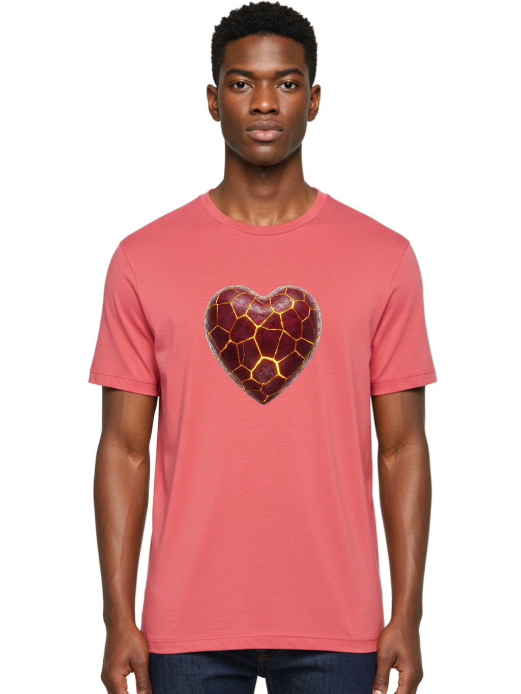 Glowing-Heart-Mosaic Men'S Graphic Tee, 100% Cotton, Comfortable Casual Summer Wear, Machine Washable, Heart Shape, Cracked Surface, Golden Veins, Love Symbol, Abstract Design, Fractured Heart, Emotional Representation, Unique Texture, Bae022