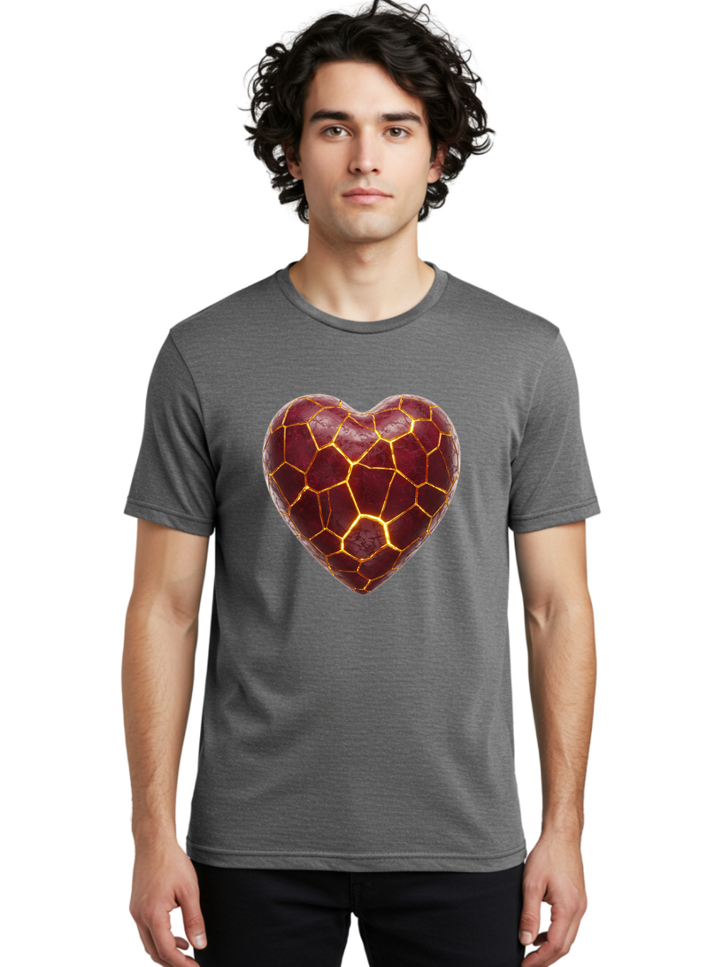 Glowing-Heart-Mosaic Men'S Graphic Tee, 100% Cotton, Comfortable Casual Summer Wear, Machine Washable, Heart Shape, Cracked Surface, Golden Veins, Love Symbol, Abstract Design, Fractured Heart, Emotional Representation, Unique Texture, Bae022