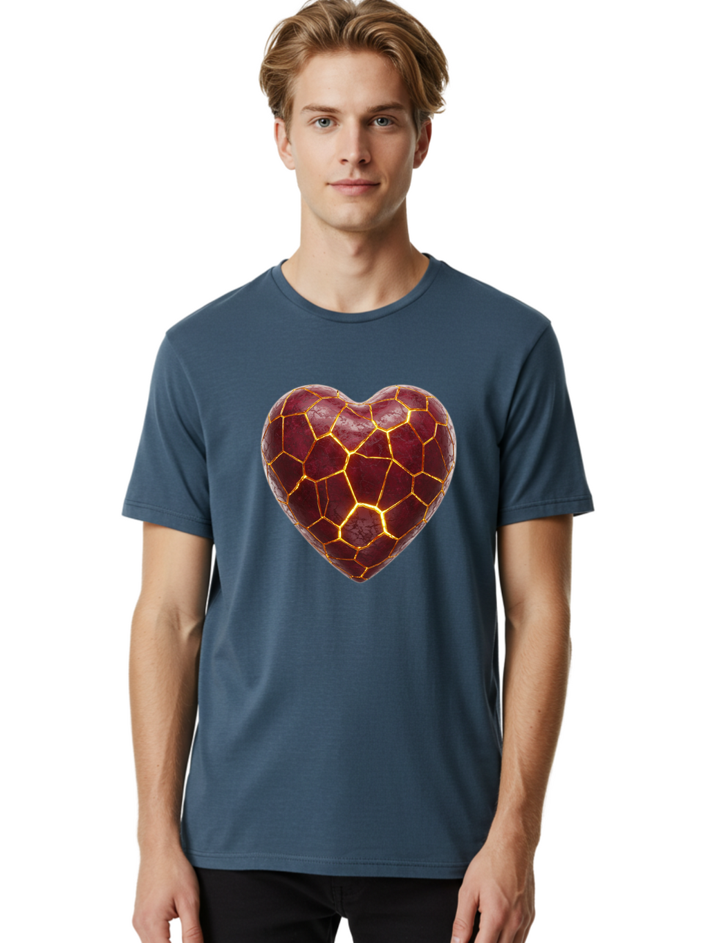 Glowing-Heart-Mosaic Men'S Graphic Tee, 100% Cotton, Comfortable Casual Summer Wear, Machine Washable, Heart Shape, Cracked Surface, Golden Veins, Love Symbol, Abstract Design, Fractured Heart, Emotional Representation, Unique Texture, Bae022