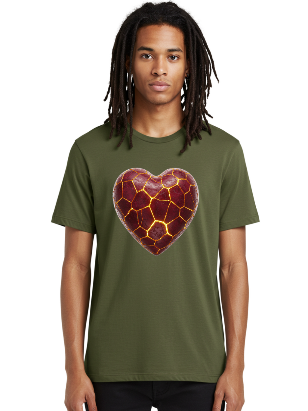 Glowing-Heart-Mosaic Men'S Graphic Tee, 100% Cotton, Comfortable Casual Summer Wear, Machine Washable, Heart Shape, Cracked Surface, Golden Veins, Love Symbol, Abstract Design, Fractured Heart, Emotional Representation, Unique Texture, Bae022