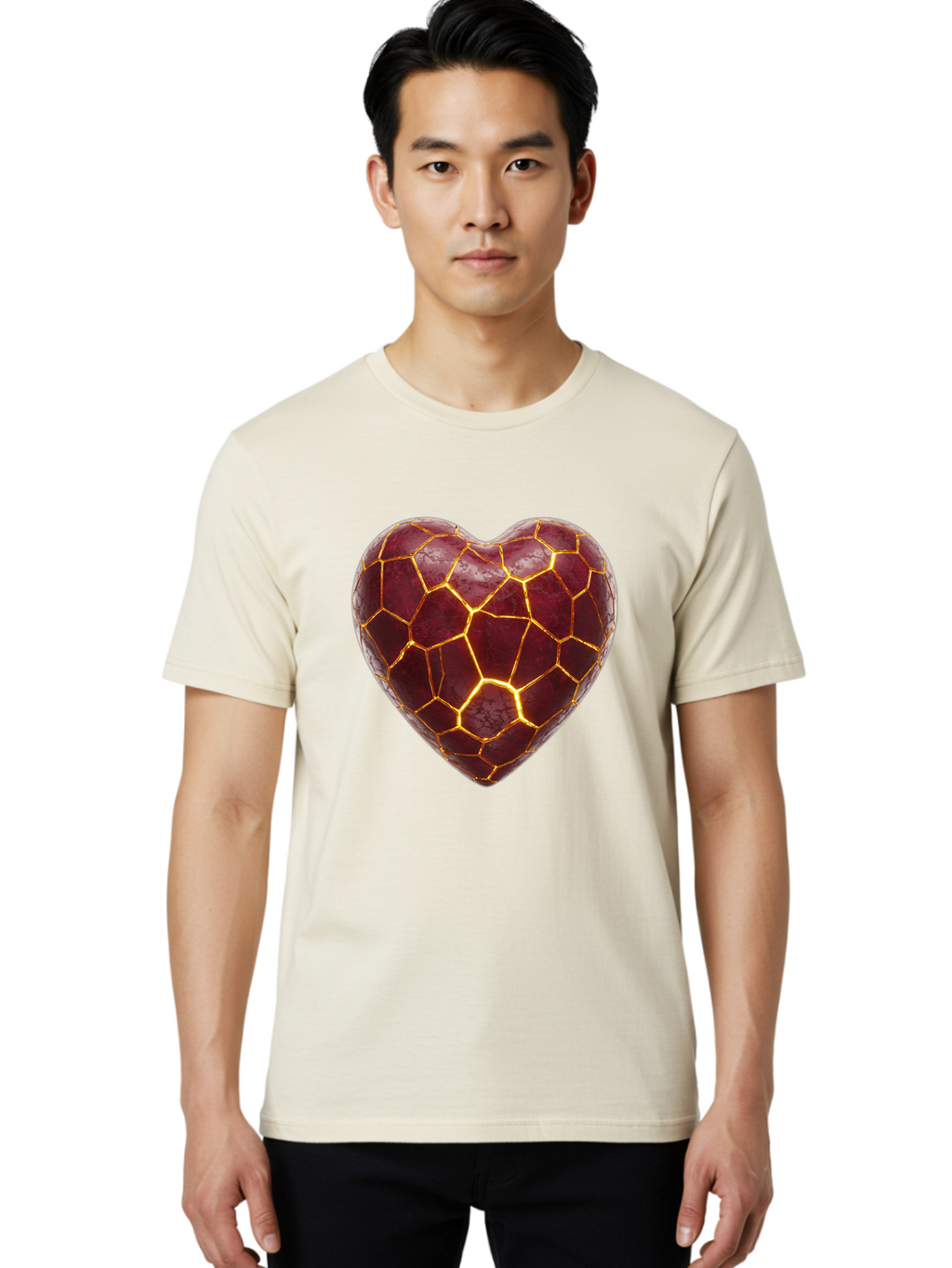 Glowing-Heart-Mosaic Men'S Graphic Tee, 100% Cotton, Comfortable Casual Summer Wear, Machine Washable, Heart Shape, Cracked Surface, Golden Veins, Love Symbol, Abstract Design, Fractured Heart, Emotional Representation, Unique Texture, Bae022