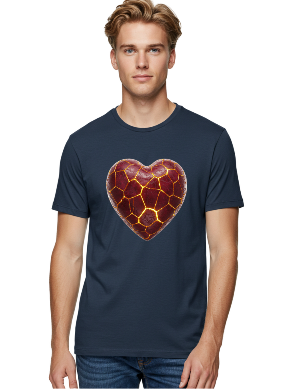 Glowing-Heart-Mosaic Men'S Graphic Tee, 100% Cotton, Comfortable Casual Summer Wear, Machine Washable, Heart Shape, Cracked Surface, Golden Veins, Love Symbol, Abstract Design, Fractured Heart, Emotional Representation, Unique Texture, Bae022