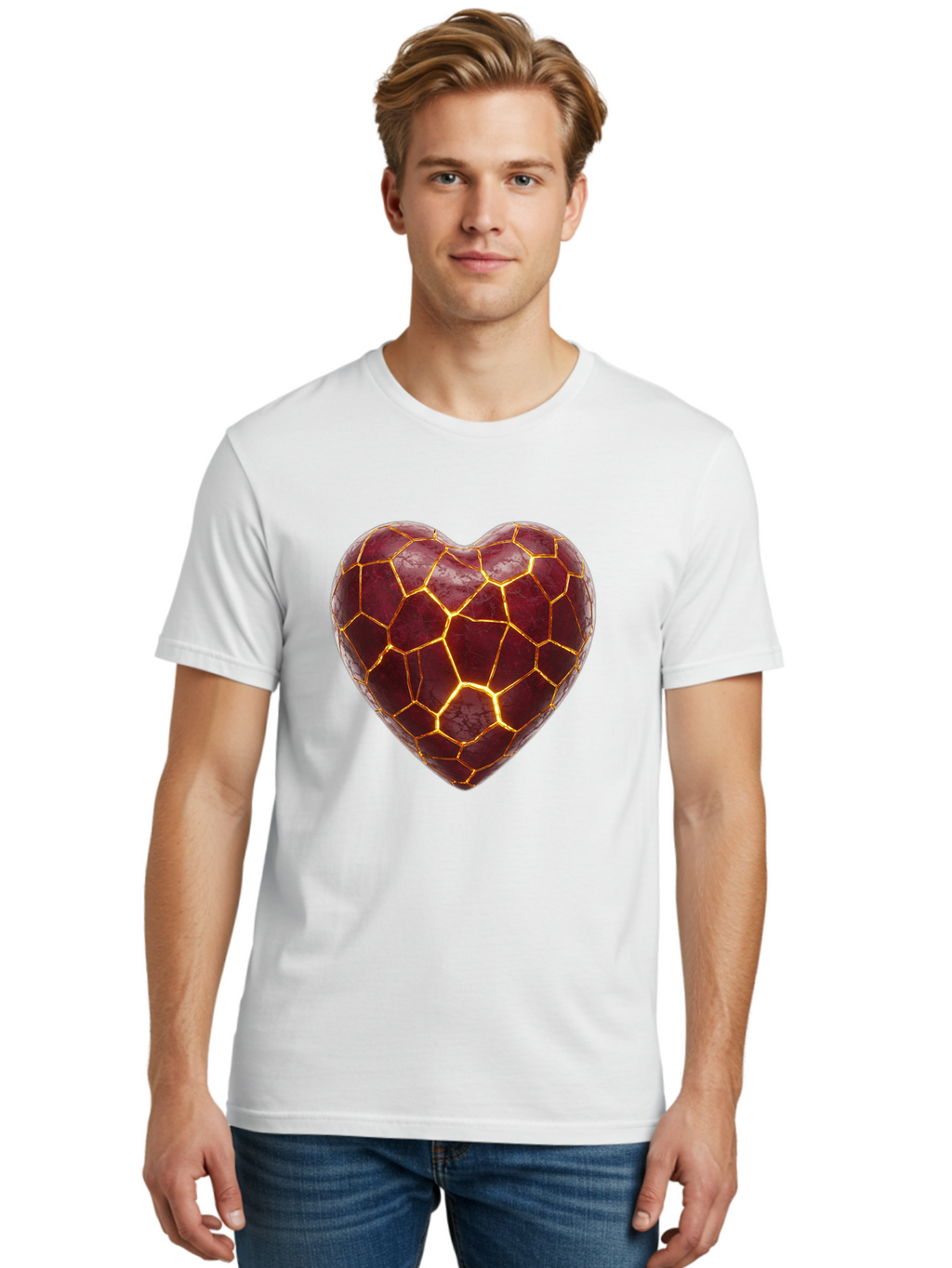 Glowing-Heart-Mosaic Men'S Graphic Tee, 100% Cotton, Comfortable Casual Summer Wear, Machine Washable, Heart Shape, Cracked Surface, Golden Veins, Love Symbol, Abstract Design, Fractured Heart, Emotional Representation, Unique Texture, Bae022