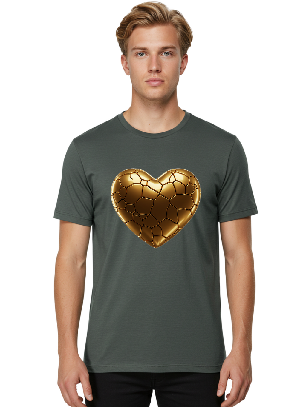Gold-Heart Men'S Graphic Tee, 100% Cotton, Comfortable Casual Summer Wear, Machine Washable, Gold Heart, Mosaic Pattern, Heart-Shaped, Geometric Design, Luxury, Gold Finish, 3D Rendering, Cracked Pattern, Valentine'S Day, Love Symbol Bae023