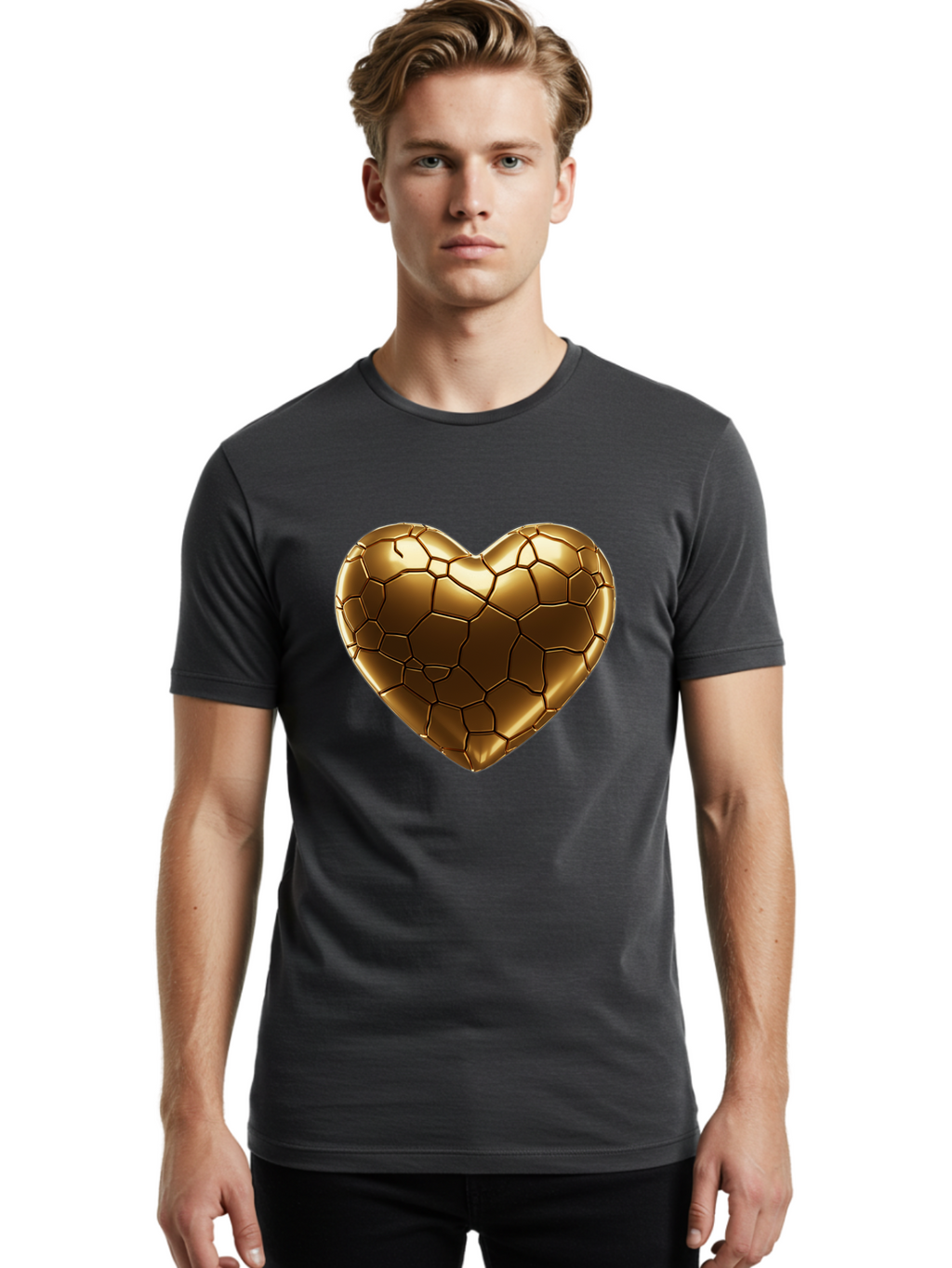 Gold-Heart Men'S Graphic Tee, 100% Cotton, Comfortable Casual Summer Wear, Machine Washable, Gold Heart, Mosaic Pattern, Heart-Shaped, Geometric Design, Luxury, Gold Finish, 3D Rendering, Cracked Pattern, Valentine'S Day, Love Symbol Bae023