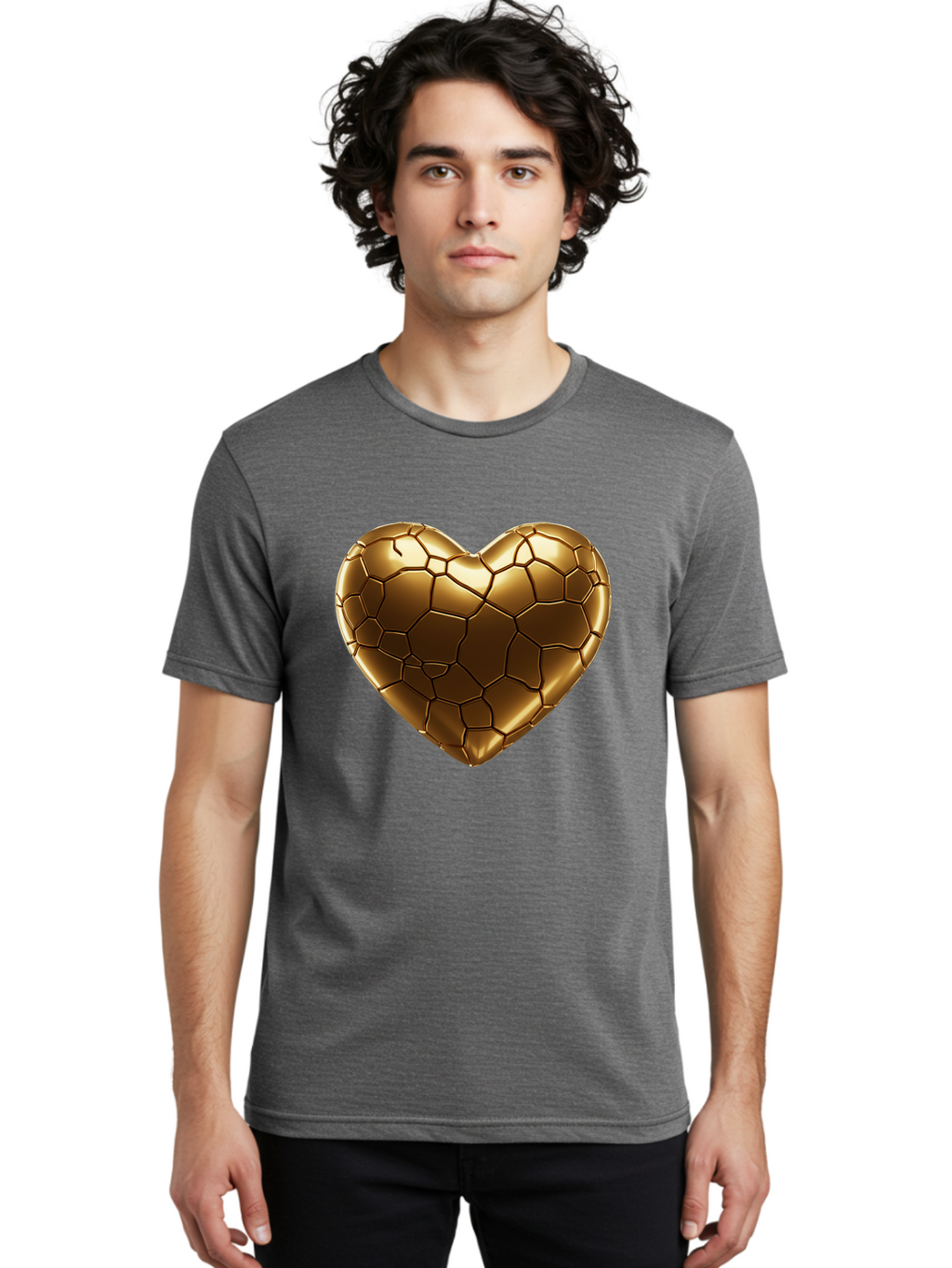 Gold-Heart Men'S Graphic Tee, 100% Cotton, Comfortable Casual Summer Wear, Machine Washable, Gold Heart, Mosaic Pattern, Heart-Shaped, Geometric Design, Luxury, Gold Finish, 3D Rendering, Cracked Pattern, Valentine'S Day, Love Symbol Bae023