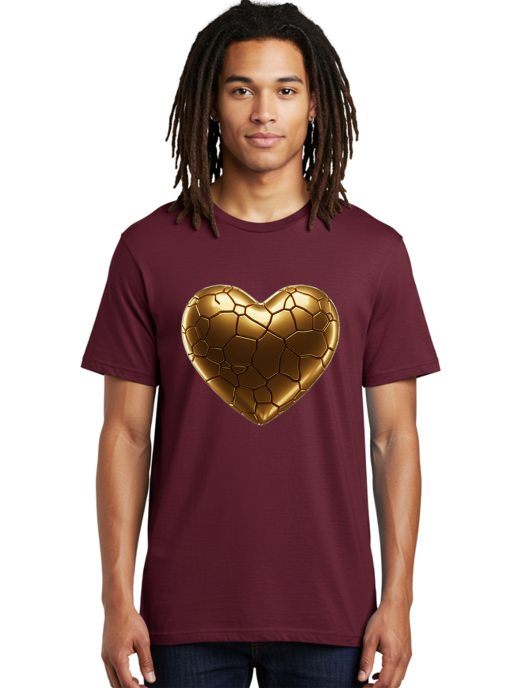 Gold-Heart Men'S Graphic Tee, 100% Cotton, Comfortable Casual Summer Wear, Machine Washable, Gold Heart, Mosaic Pattern, Heart-Shaped, Geometric Design, Luxury, Gold Finish, 3D Rendering, Cracked Pattern, Valentine'S Day, Love Symbol Bae023