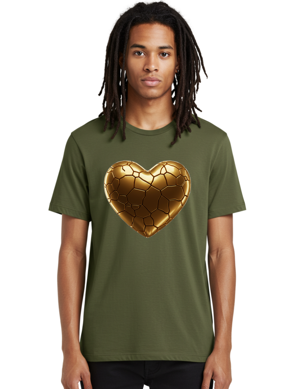 Gold-Heart Men'S Graphic Tee, 100% Cotton, Comfortable Casual Summer Wear, Machine Washable, Gold Heart, Mosaic Pattern, Heart-Shaped, Geometric Design, Luxury, Gold Finish, 3D Rendering, Cracked Pattern, Valentine'S Day, Love Symbol Bae023