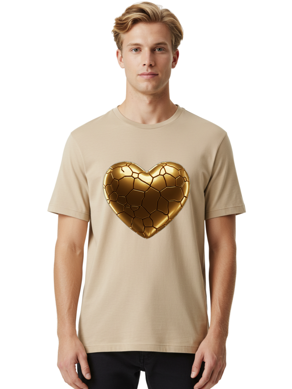 Gold-Heart Men'S Graphic Tee, 100% Cotton, Comfortable Casual Summer Wear, Machine Washable, Gold Heart, Mosaic Pattern, Heart-Shaped, Geometric Design, Luxury, Gold Finish, 3D Rendering, Cracked Pattern, Valentine'S Day, Love Symbol Bae023