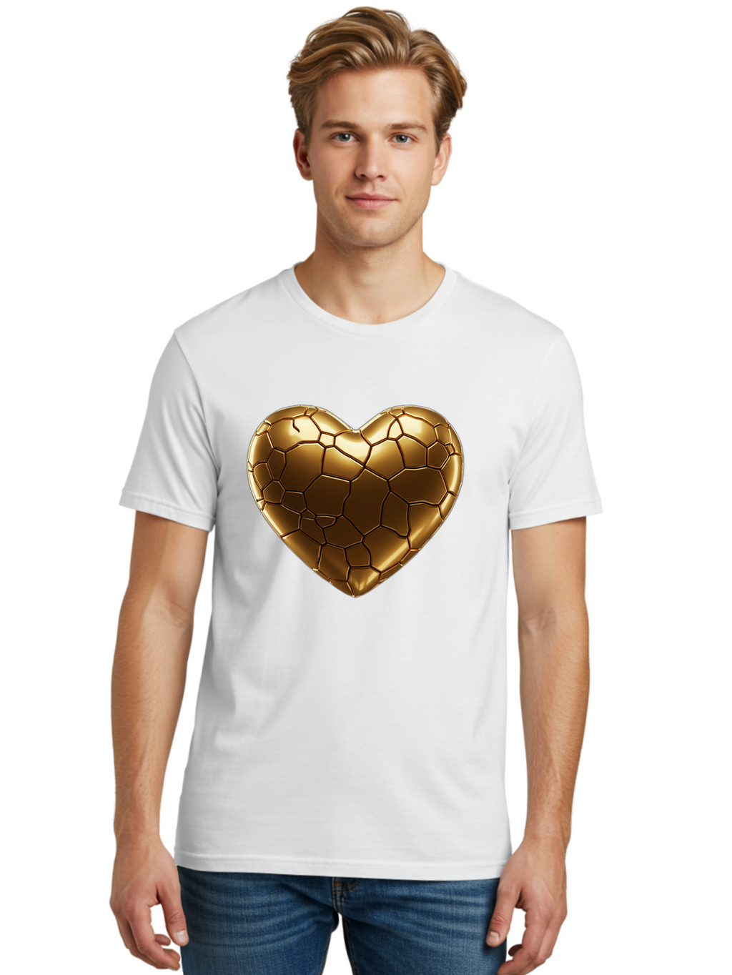 Gold-Heart Men'S Graphic Tee, 100% Cotton, Comfortable Casual Summer Wear, Machine Washable, Gold Heart, Mosaic Pattern, Heart-Shaped, Geometric Design, Luxury, Gold Finish, 3D Rendering, Cracked Pattern, Valentine'S Day, Love Symbol Bae023