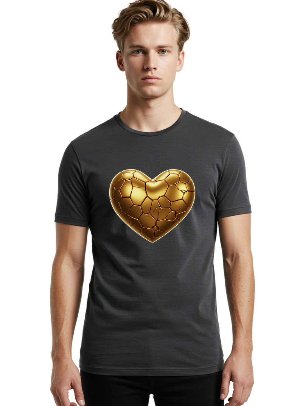 Golden-Heart-1 Men'S Graphic Tee, 100% Cotton, Comfortable Casual Summer Wear, Machine Washable, Shiny Gold Heart, Cracked Surface, Metallic Texture, Valentines Day Symbol, Love Icon, Golden Love, Heart Shape, Luxury Design Bae024