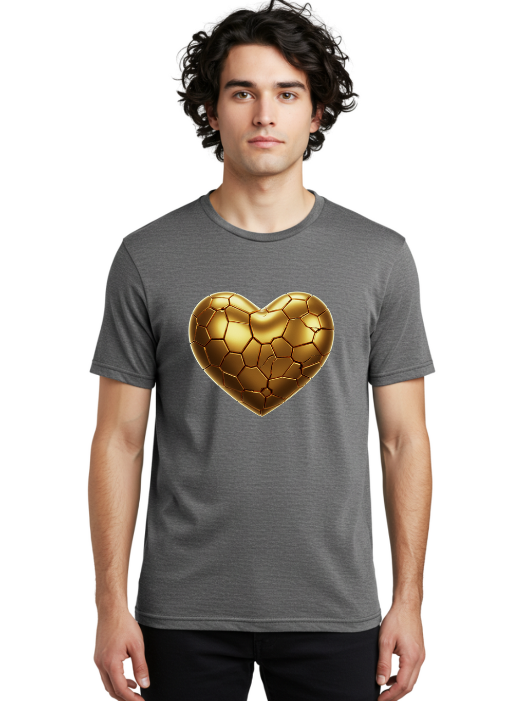 Golden-Heart-1 Men'S Graphic Tee, 100% Cotton, Comfortable Casual Summer Wear, Machine Washable, Shiny Gold Heart, Cracked Surface, Metallic Texture, Valentines Day Symbol, Love Icon, Golden Love, Heart Shape, Luxury Design Bae024
