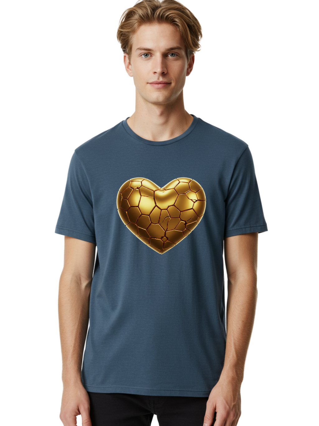 Golden-Heart-1 Men'S Graphic Tee, 100% Cotton, Comfortable Casual Summer Wear, Machine Washable, Shiny Gold Heart, Cracked Surface, Metallic Texture, Valentines Day Symbol, Love Icon, Golden Love, Heart Shape, Luxury Design Bae024