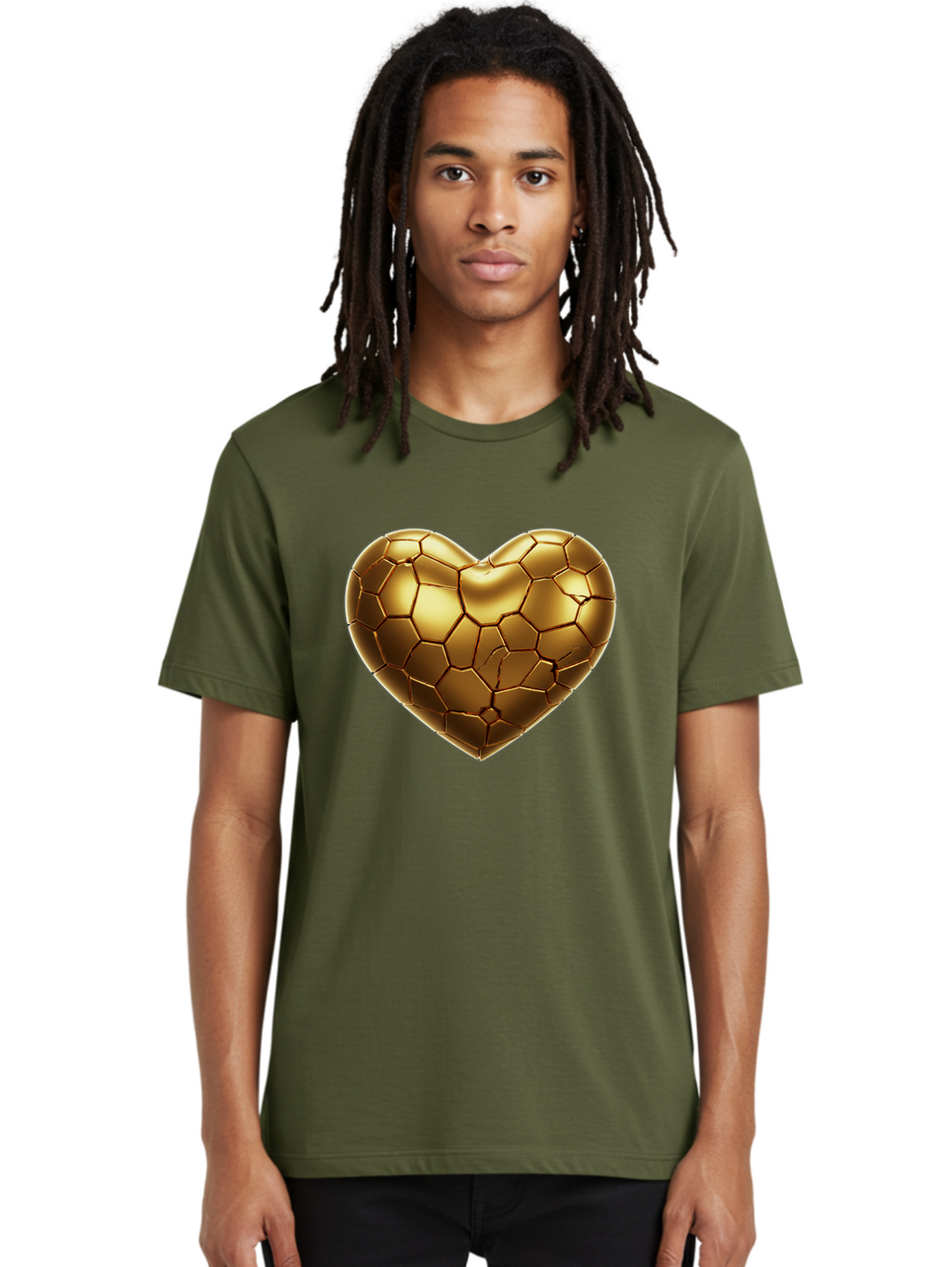 Golden-Heart-1 Men'S Graphic Tee, 100% Cotton, Comfortable Casual Summer Wear, Machine Washable, Shiny Gold Heart, Cracked Surface, Metallic Texture, Valentines Day Symbol, Love Icon, Golden Love, Heart Shape, Luxury Design Bae024