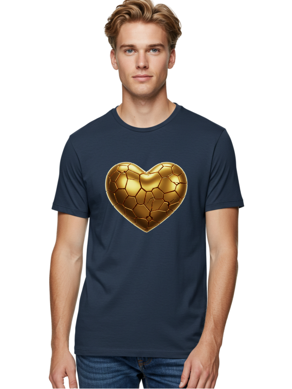 Golden-Heart-1 Men'S Graphic Tee, 100% Cotton, Comfortable Casual Summer Wear, Machine Washable, Shiny Gold Heart, Cracked Surface, Metallic Texture, Valentines Day Symbol, Love Icon, Golden Love, Heart Shape, Luxury Design Bae024