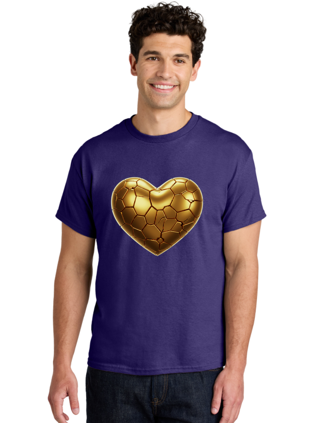 Golden-Heart-1 Men'S Graphic Tee, 100% Cotton, Comfortable Casual Summer Wear, Machine Washable, Shiny Gold Heart, Cracked Surface, Metallic Texture, Valentines Day Symbol, Love Icon, Golden Love, Heart Shape, Luxury Design Bae024
