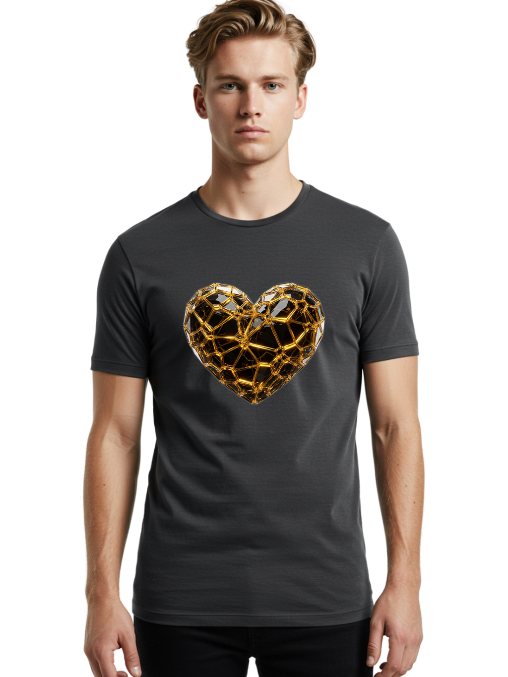 Golden-Heart Men'S Graphic Tee, 100% Cotton, Comfortable Casual Summer Wear, Machine Washable, Golden Heart, 3D Heart, Geometric Pattern, Luxury Design, Valentines Day, Love Symbol, Abstract Art, Modern Decoration, Gold Texture Bae025
