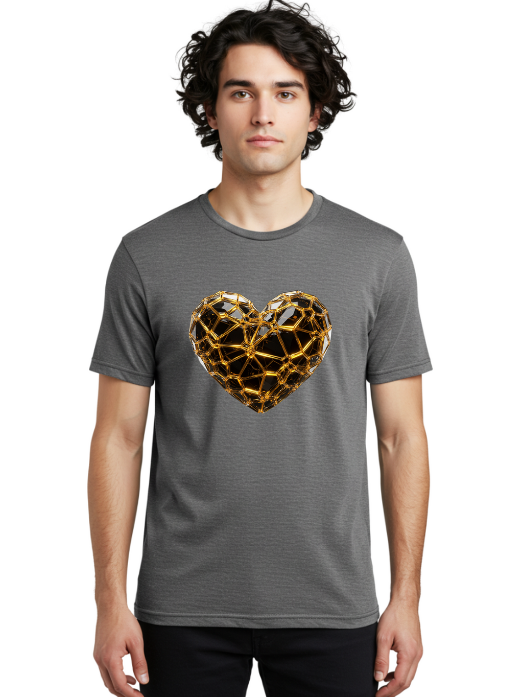 Golden-Heart Men'S Graphic Tee, 100% Cotton, Comfortable Casual Summer Wear, Machine Washable, Golden Heart, 3D Heart, Geometric Pattern, Luxury Design, Valentines Day, Love Symbol, Abstract Art, Modern Decoration, Gold Texture Bae025