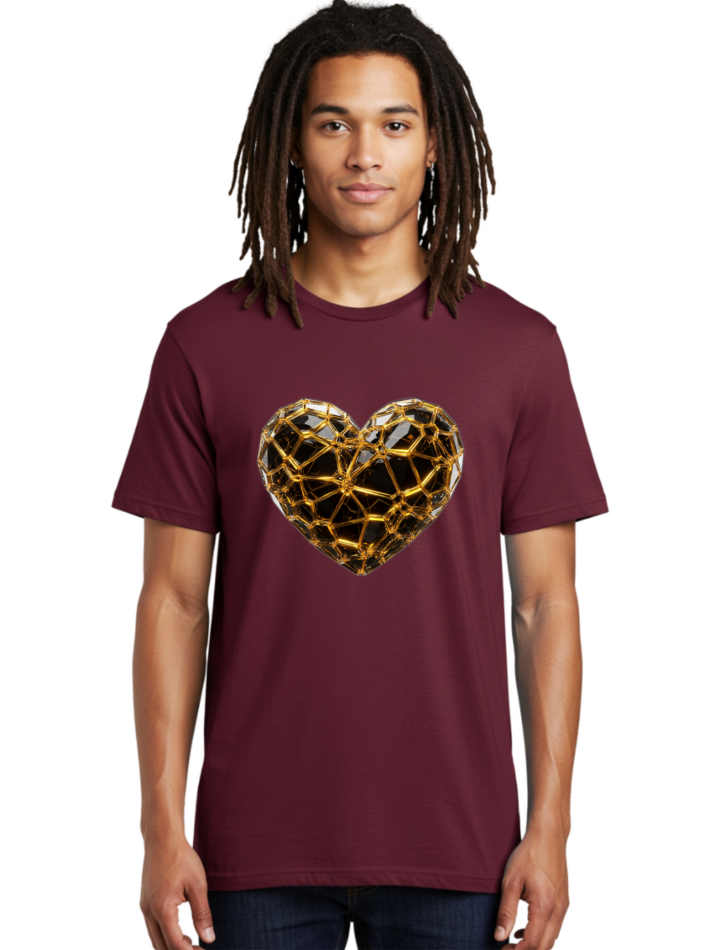 Golden-Heart Men'S Graphic Tee, 100% Cotton, Comfortable Casual Summer Wear, Machine Washable, Golden Heart, 3D Heart, Geometric Pattern, Luxury Design, Valentines Day, Love Symbol, Abstract Art, Modern Decoration, Gold Texture Bae025