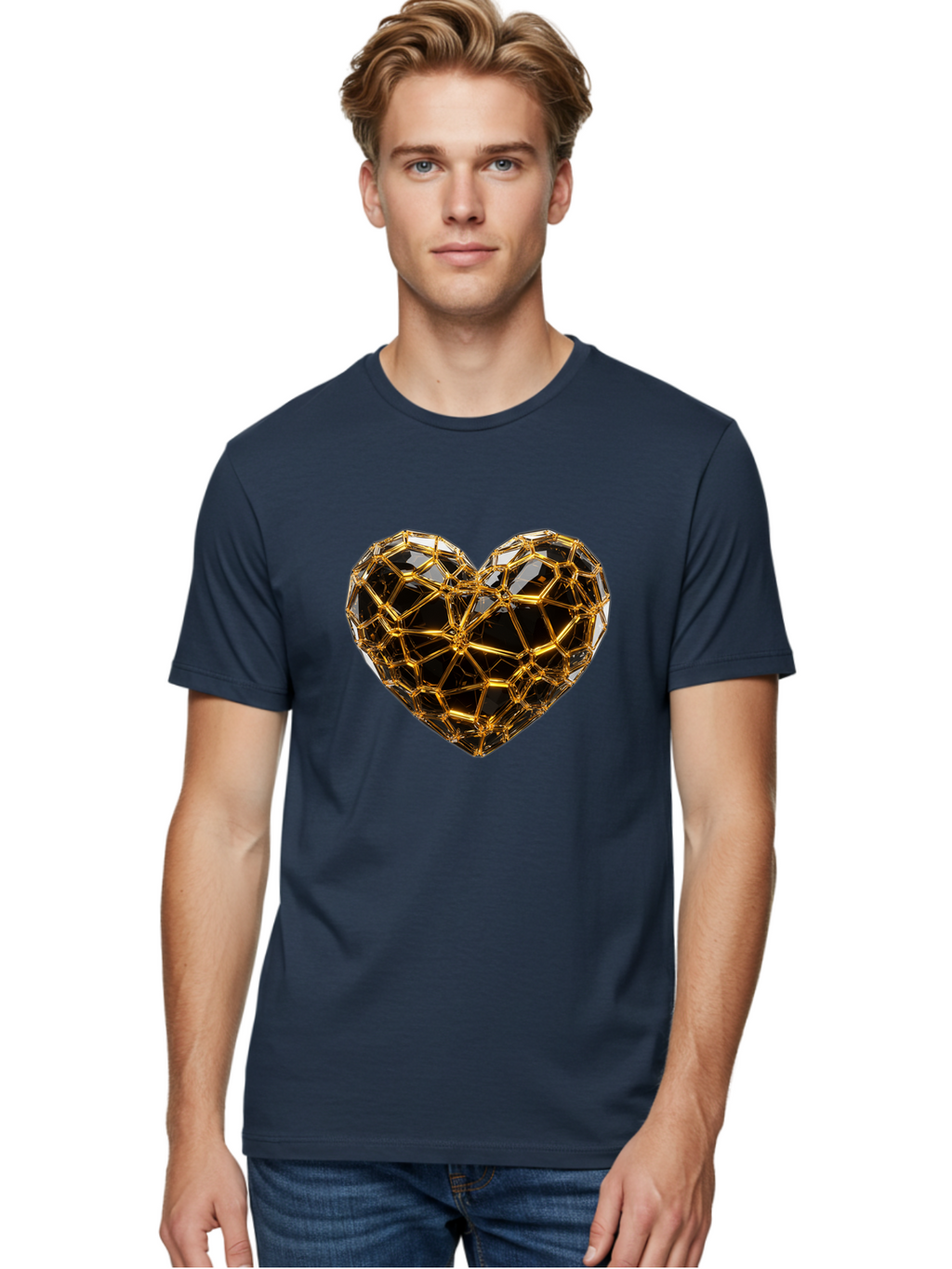 Golden-Heart Men'S Graphic Tee, 100% Cotton, Comfortable Casual Summer Wear, Machine Washable, Golden Heart, 3D Heart, Geometric Pattern, Luxury Design, Valentines Day, Love Symbol, Abstract Art, Modern Decoration, Gold Texture Bae025