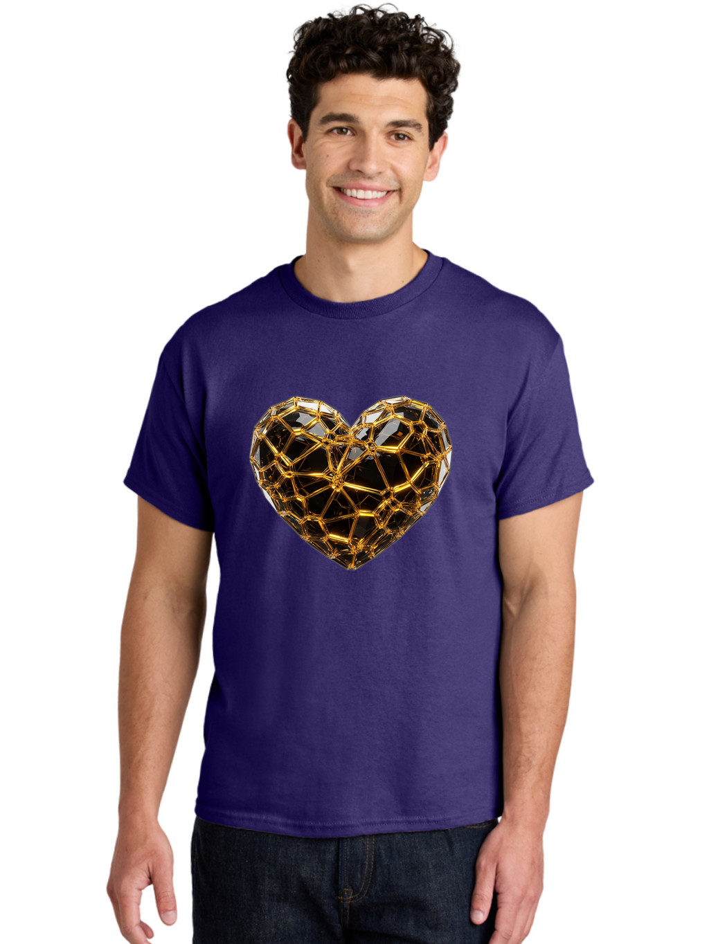 Golden-Heart Men'S Graphic Tee, 100% Cotton, Comfortable Casual Summer Wear, Machine Washable, Golden Heart, 3D Heart, Geometric Pattern, Luxury Design, Valentines Day, Love Symbol, Abstract Art, Modern Decoration, Gold Texture Bae025