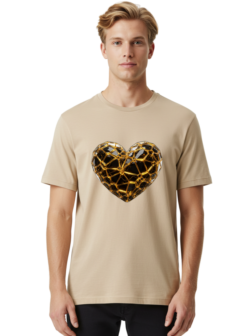 Golden-Heart Men'S Graphic Tee, 100% Cotton, Comfortable Casual Summer Wear, Machine Washable, Golden Heart, 3D Heart, Geometric Pattern, Luxury Design, Valentines Day, Love Symbol, Abstract Art, Modern Decoration, Gold Texture Bae025