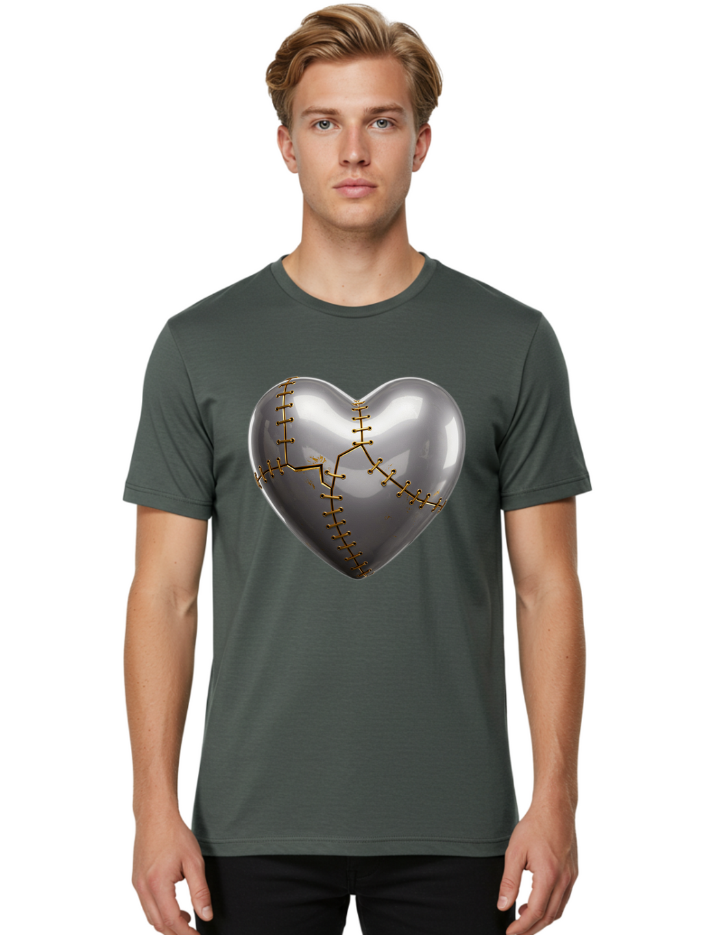 Gray-Heart-With-Gold-Stitches Men'S Graphic Tee, 100% Cotton, Comfortable Casual Summer Wear, Machine Washable, Broken Heart, Kintsugi Repair, Gold Stitching, Mended Love, Heartbreak Healing, Symbolic Art, 3D Rendering, Emotional Recovery, Bae026