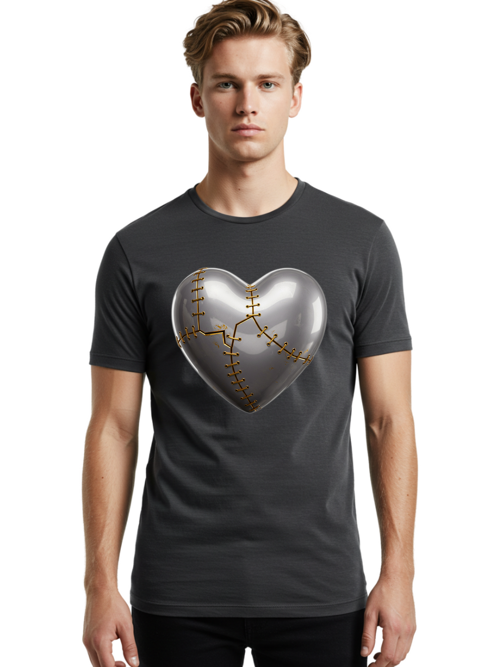 Gray-Heart-With-Gold-Stitches Men'S Graphic Tee, 100% Cotton, Comfortable Casual Summer Wear, Machine Washable, Broken Heart, Kintsugi Repair, Gold Stitching, Mended Love, Heartbreak Healing, Symbolic Art, 3D Rendering, Emotional Recovery, Bae026